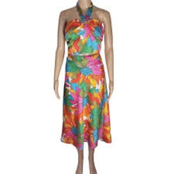 Rachel and Zoe Vibrant Halter Two Piece Set Crop Top Midi Skirt Jungle Floral - Picture 2 of 8